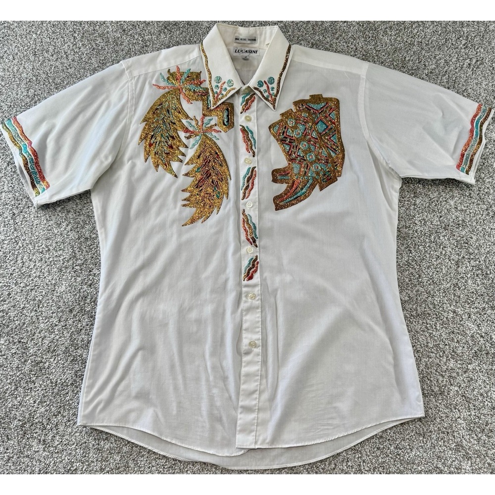 Vintage Lucasini Hand Painted Short Sleeve Shirt Womens 16 Country Western Boots